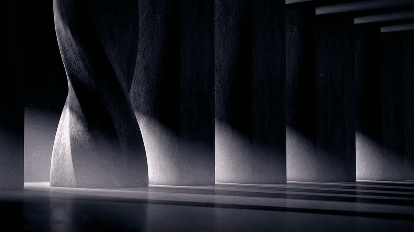 Grayscale illustration of abstract twisting forms with dramatic lighting.