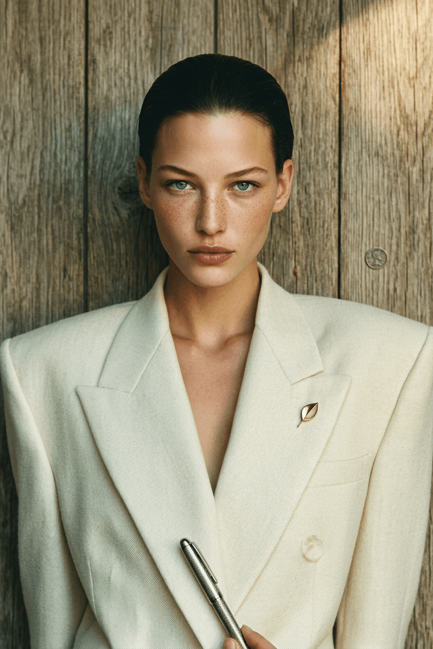 A confident model wearing a tailored white blazer with a focused expression.