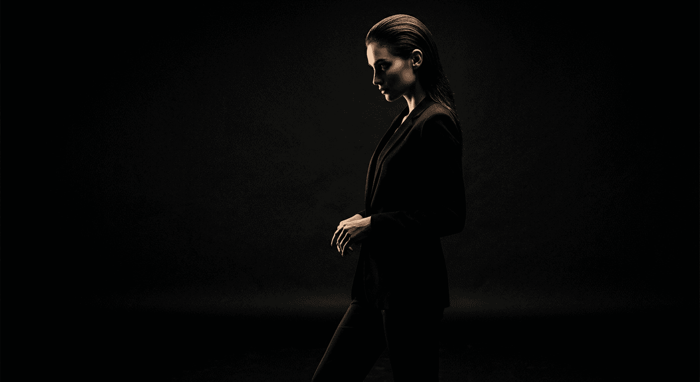 Silhouetted model in a black suit on a dark background.