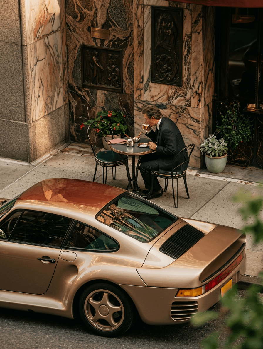 A man in a suit seated at a small table with a gold sports car nearby.