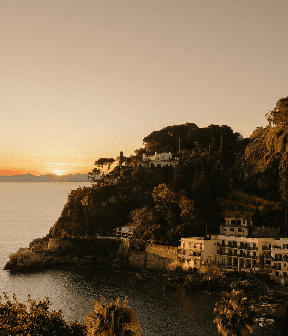 Coastal landscape with hills and architecture at sunset, featuring warm orange and gold hues.