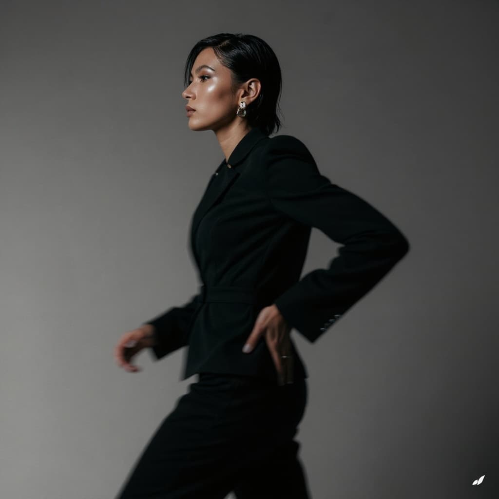 Portrait of a woman in a black suit, exuding confidence and sophistication.