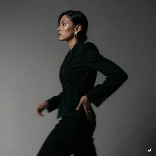 Portrait of a woman in a black suit, exuding confidence and sophistication.