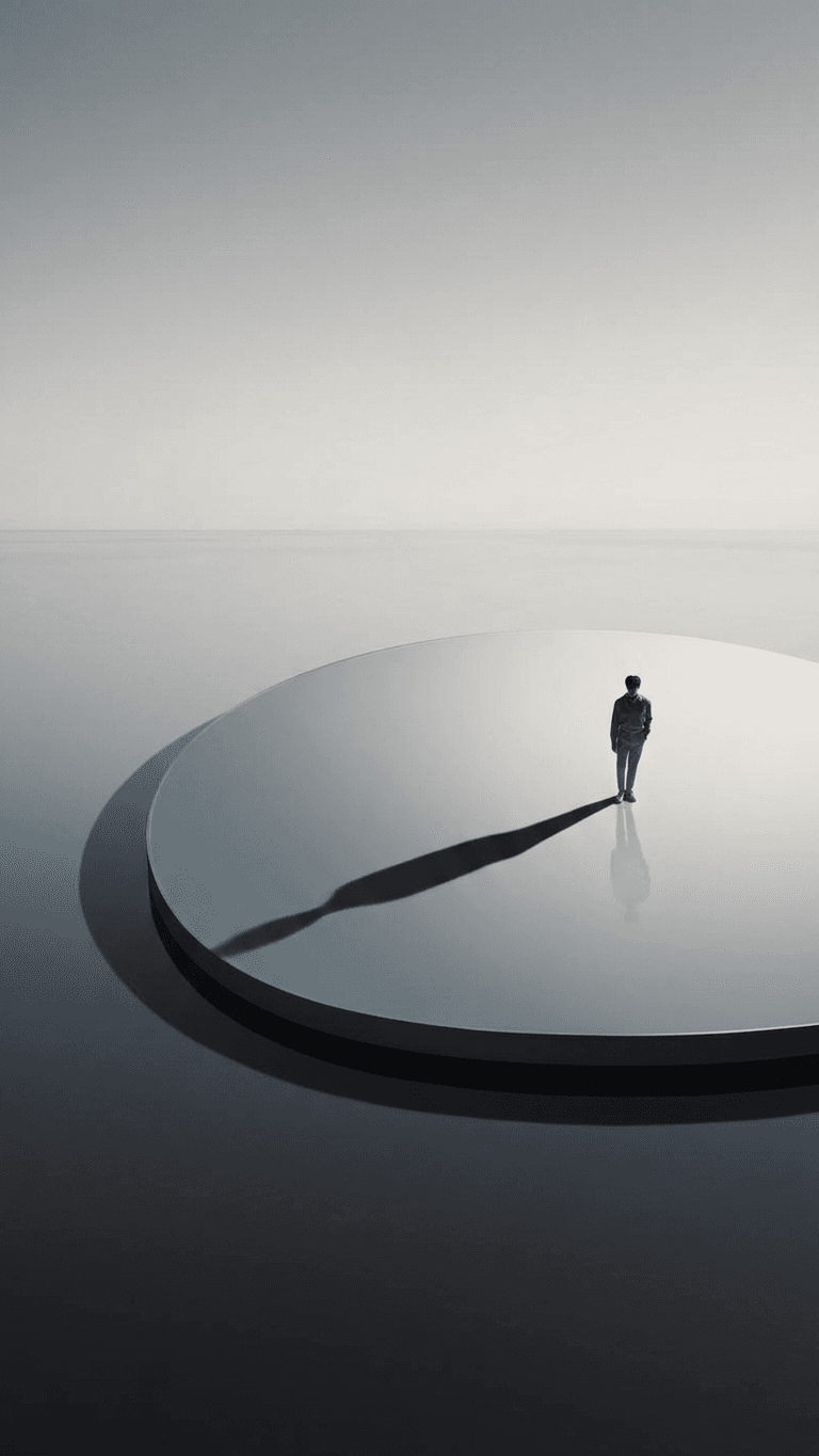 A figure stands on a reflective disc in a minimalist landscape with soft gray tones.