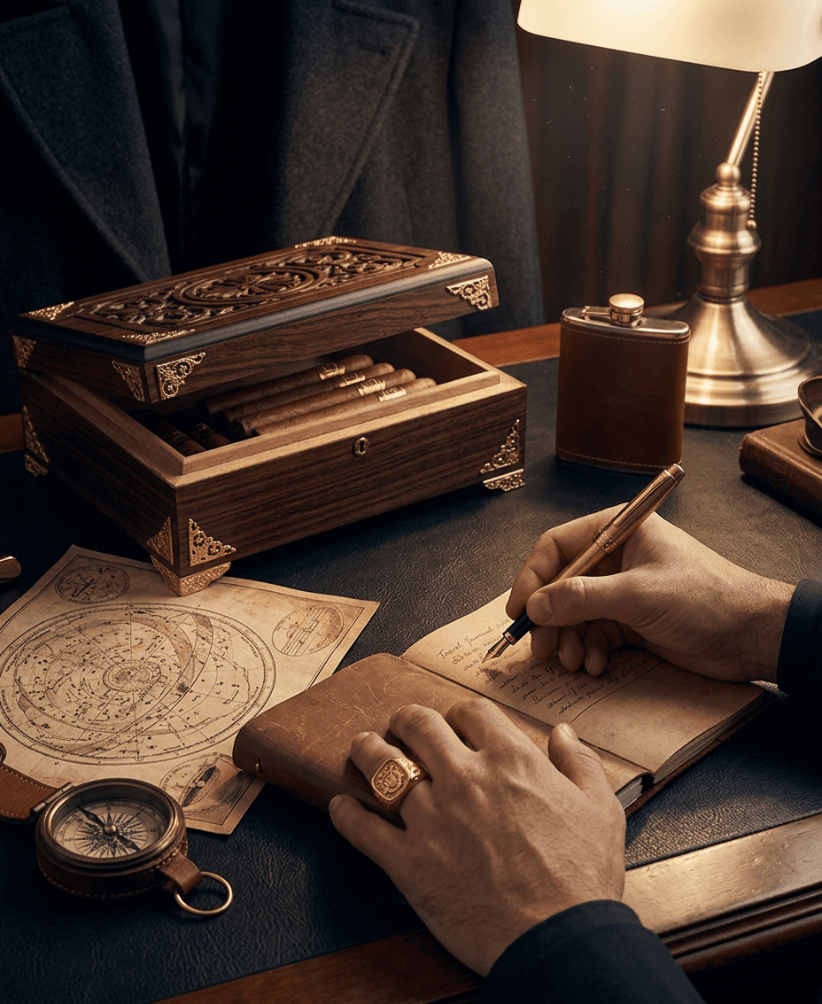 A hand writing in a leather notebook with maps, a compass, and wooden boxes around.