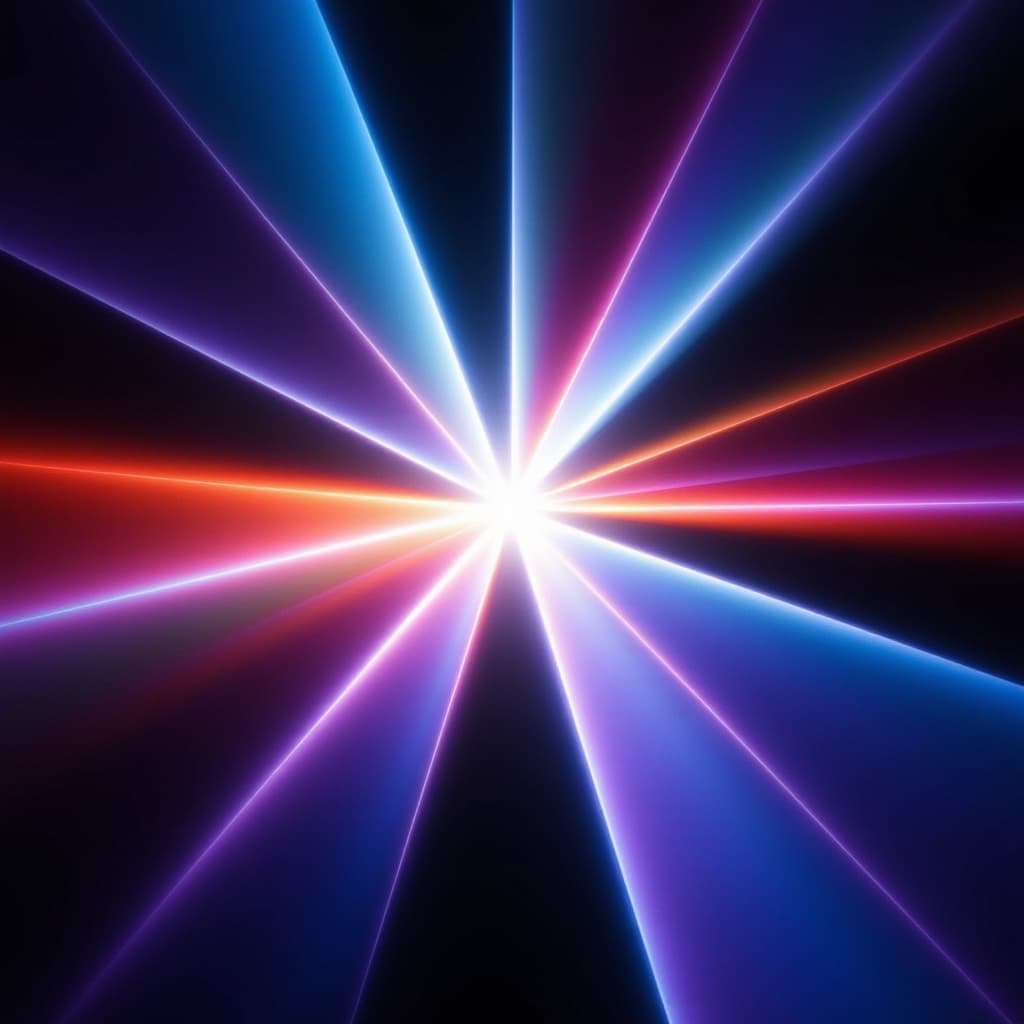 Digital illustration of beams of light creating a starburst effect in blues, purples, and reds.