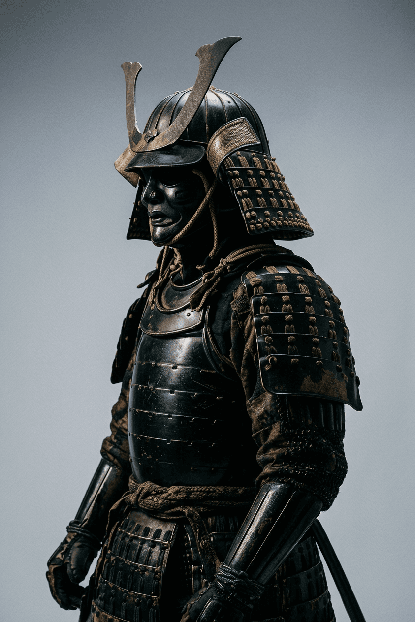Samurai armor with intricate details on a neutral background.