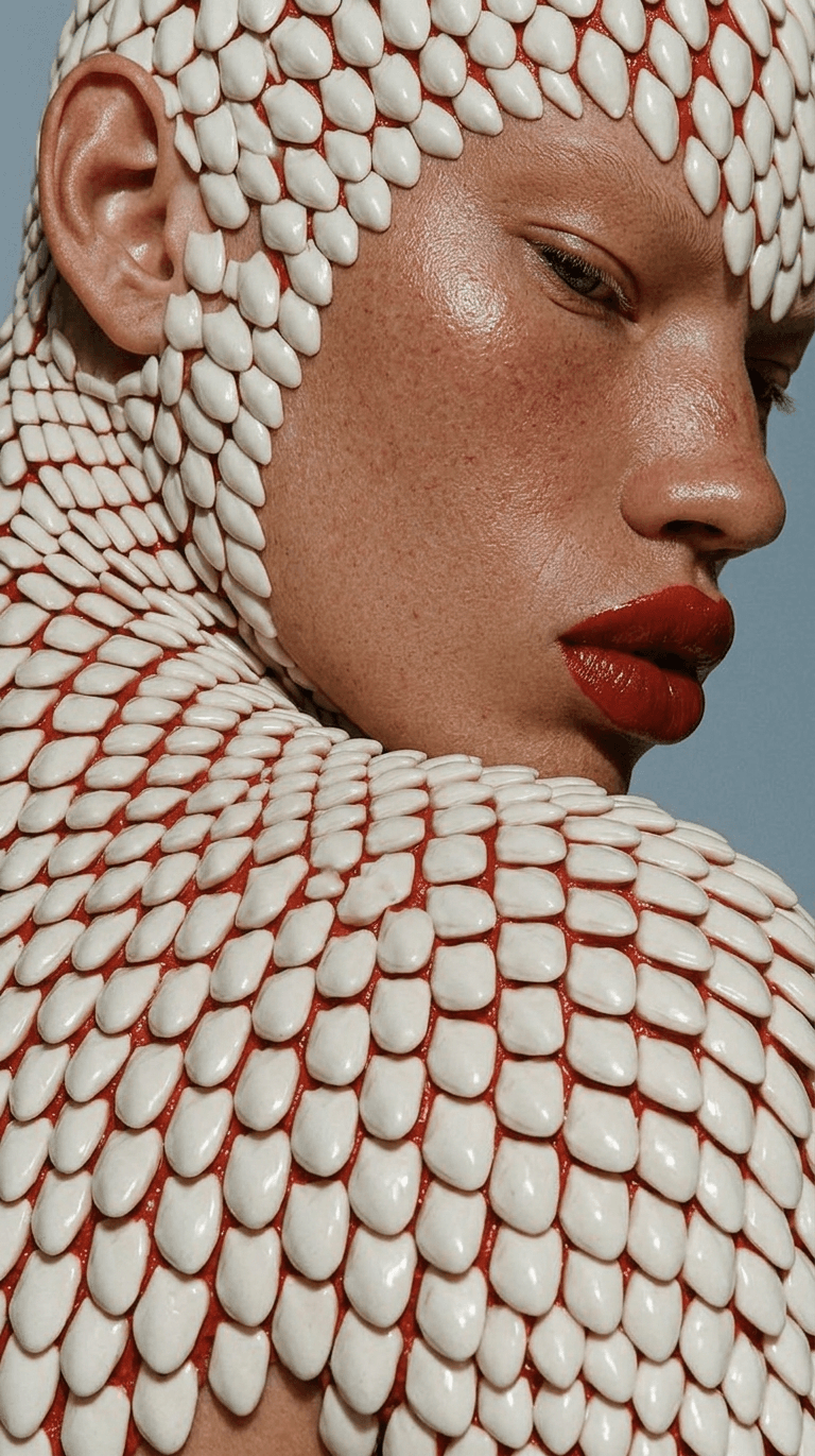 Close-up of a model's face with scale-like patterns on her skin in red and white.