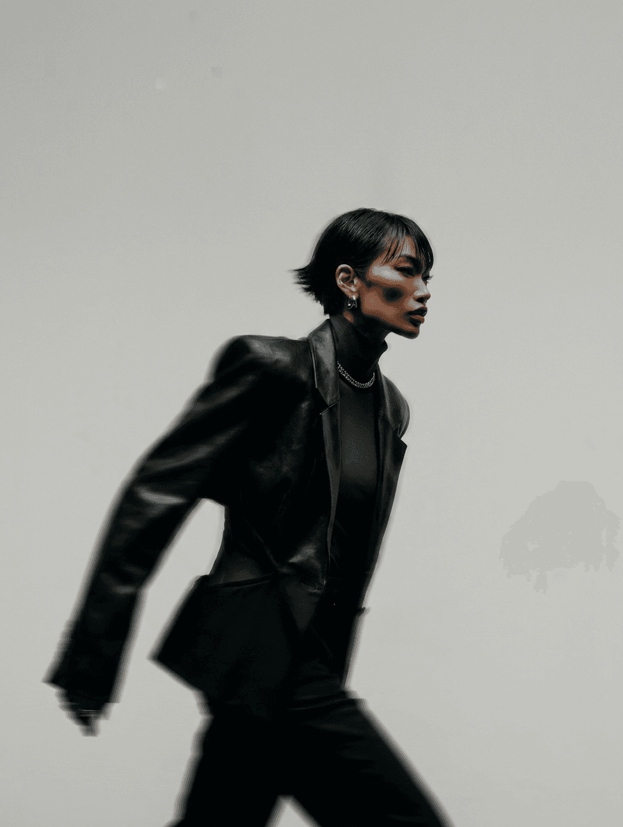 Model wearing a black outfit in motion with a grey background.