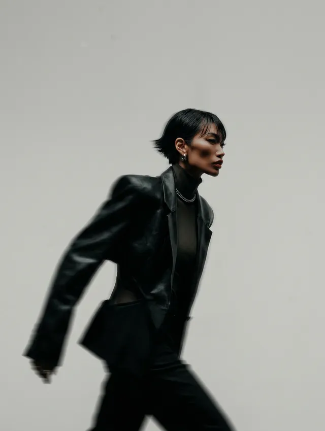 Model wearing a black outfit in motion with a grey background.