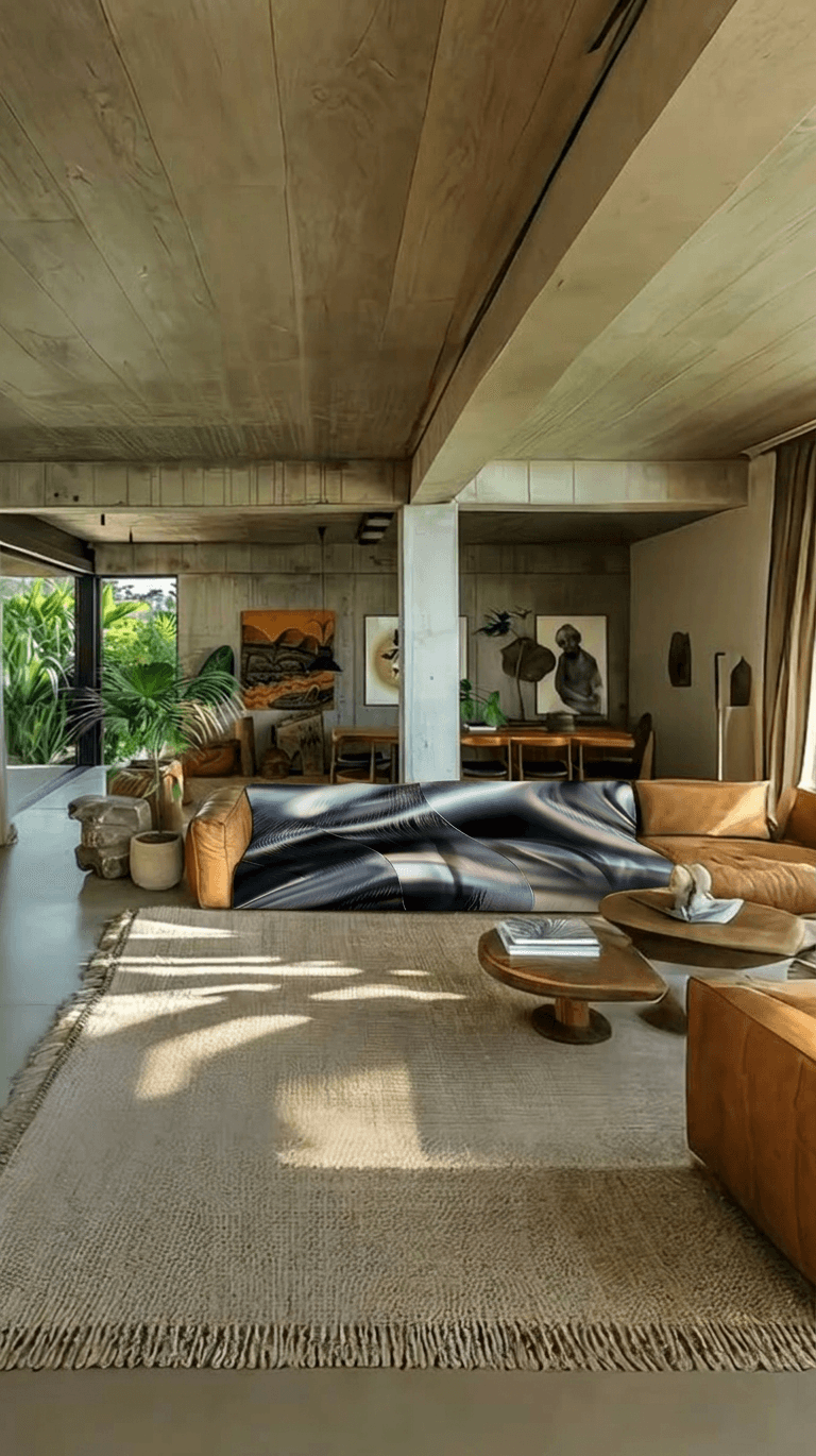 A modern living room with earthy tones, an abstract rug, natural light, and plants.