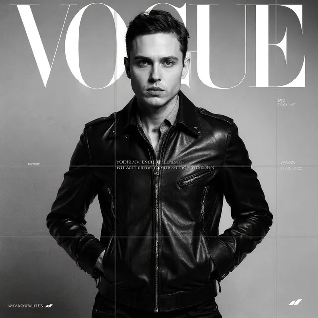 Black-and-white image of a male model wearing a leather jacket with Vogue branding.