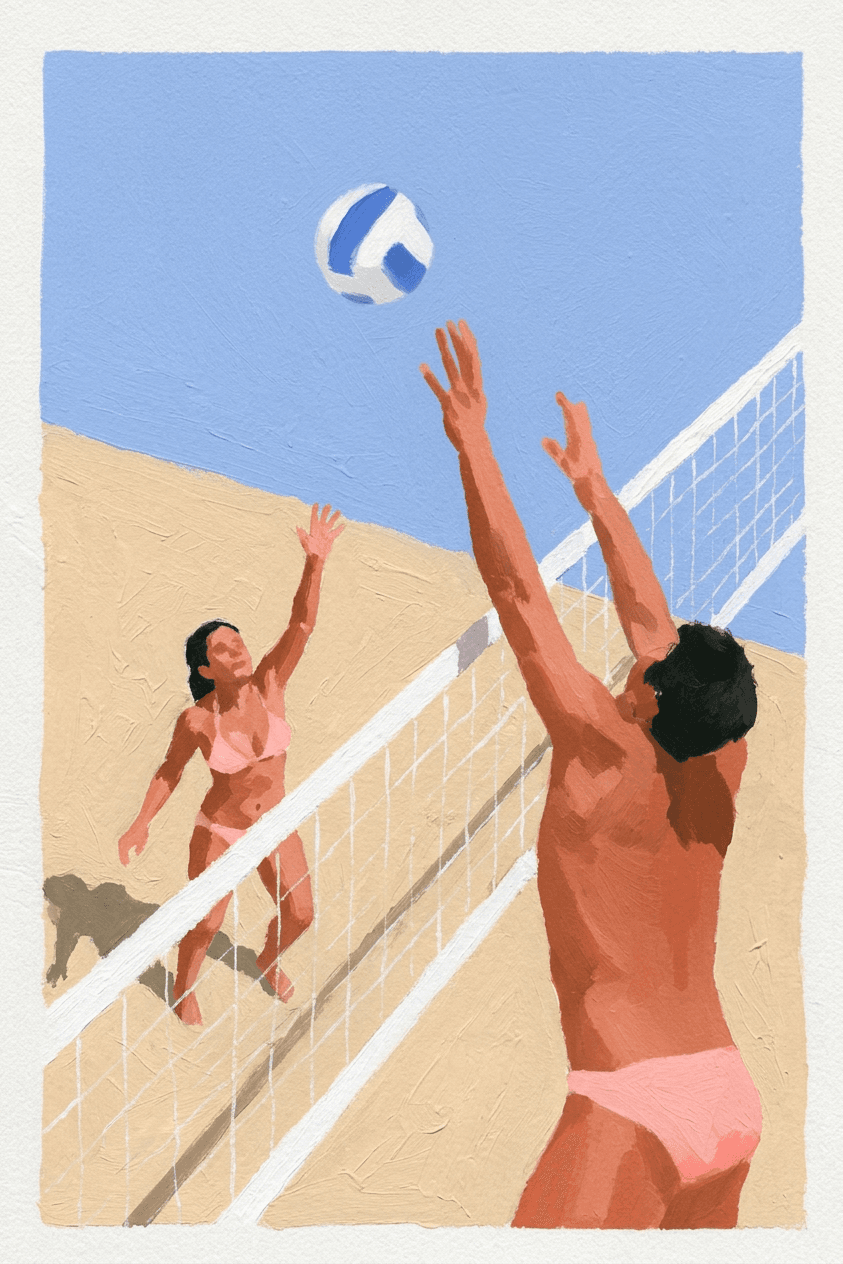 Two players in motion playing beach volleyball against a blue sky.