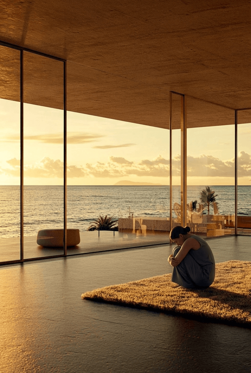A person sitting on a plush rug in a sunlit room with glass walls, facing a seaside sunset.