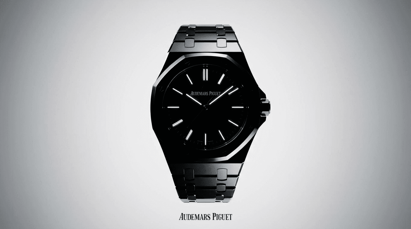 Black Audemars Piguet watch on a grey background.