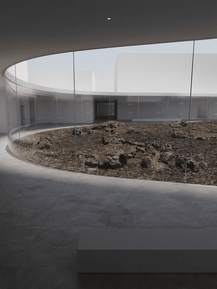 Minimalist interior with a curved glass wall and rocky landscape view.