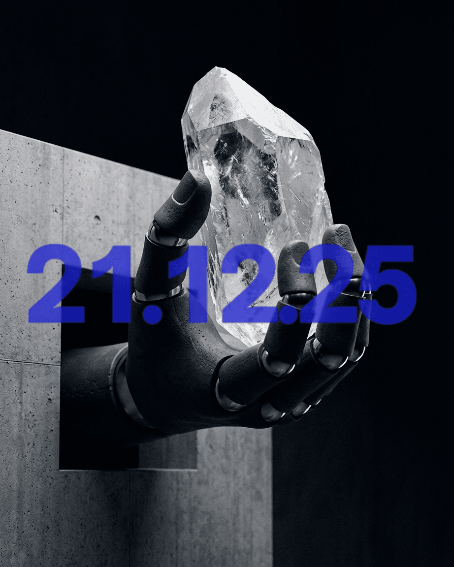 A metallic robotic hand holds a large crystal, emerging from a concrete wall.