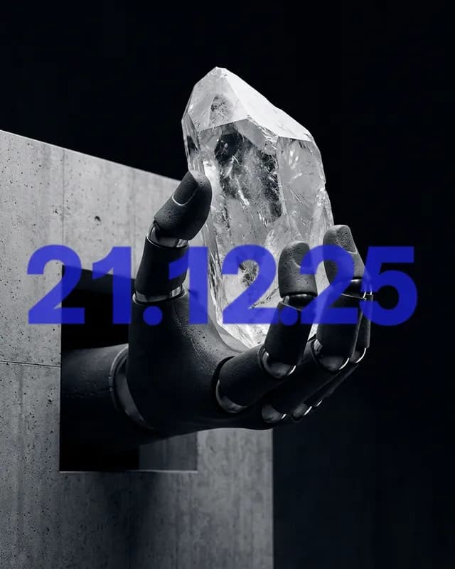 A metallic robotic hand holds a large crystal, emerging from a concrete wall.