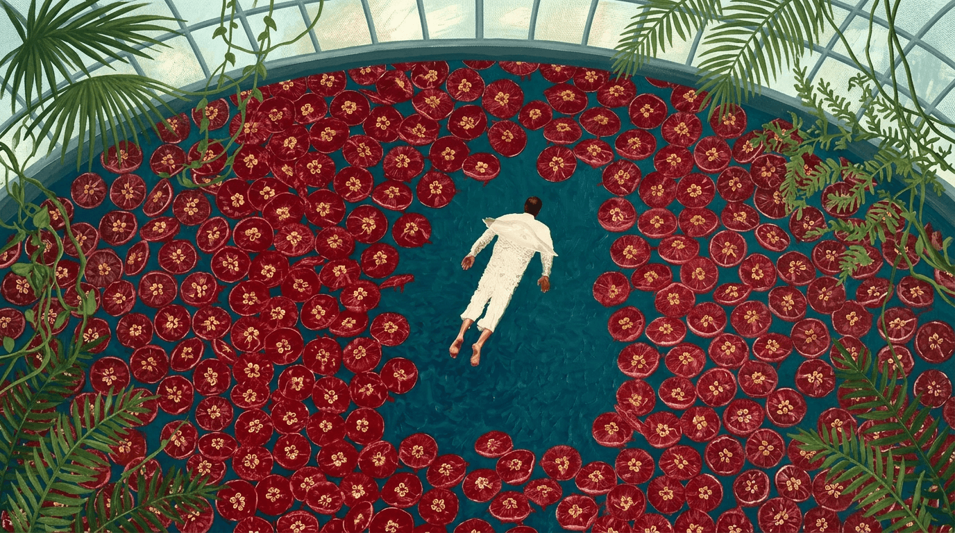 Illustration of a man floating in a pool filled with red flowers and green leaves.