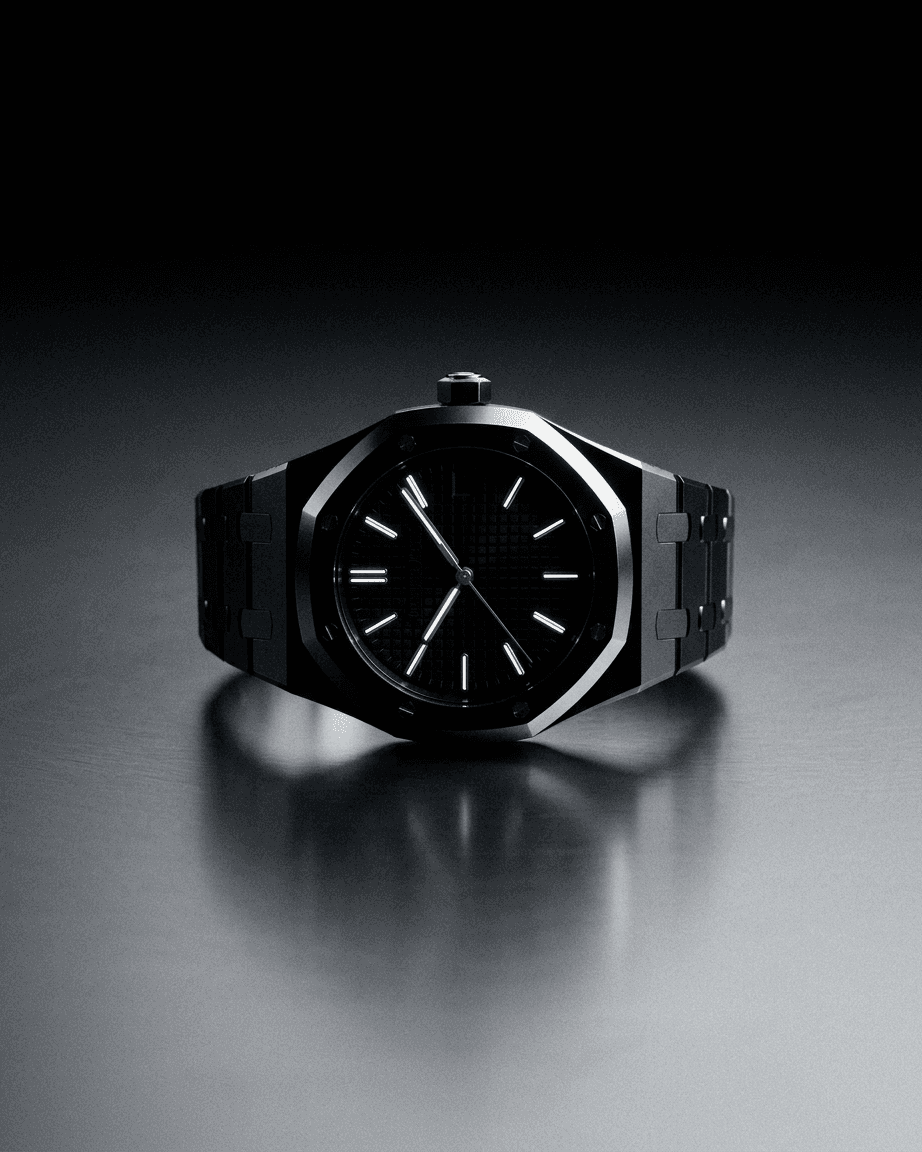 A sleek black watch displayed in a dark, minimalist setting.