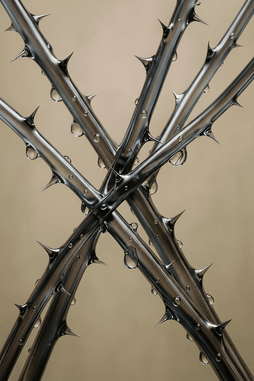 Close-up of sharp metallic thorns with water droplets on a beige background.