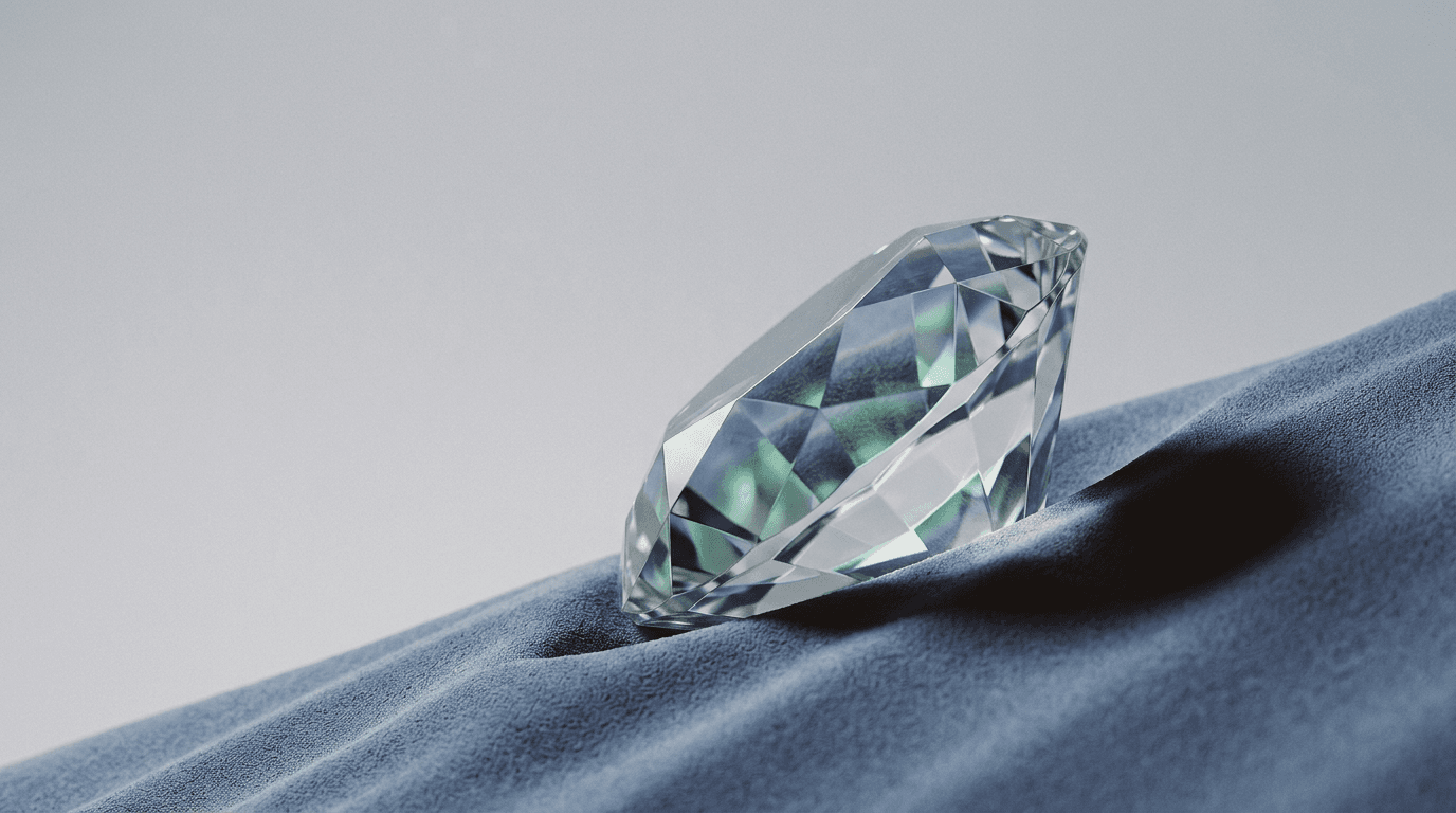 A diamond placed on a soft blue velvet surface, reflecting various colours.
