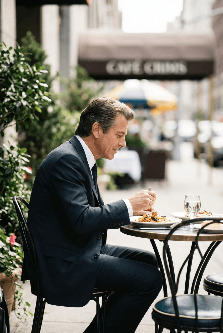 A man in a suit sitting at a café table with greenery around him.