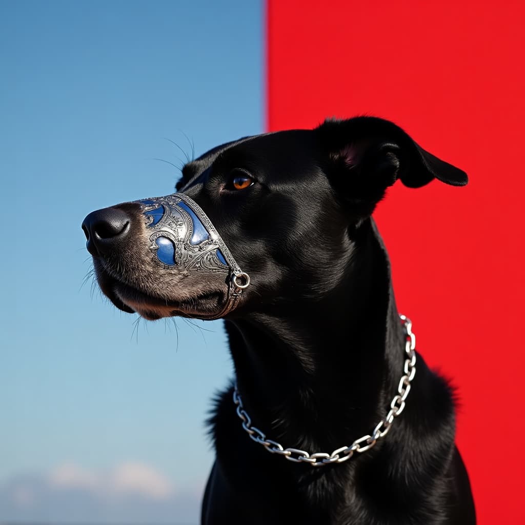 A black dog wearing an ornate muzzle in front of a red background and blue sky.