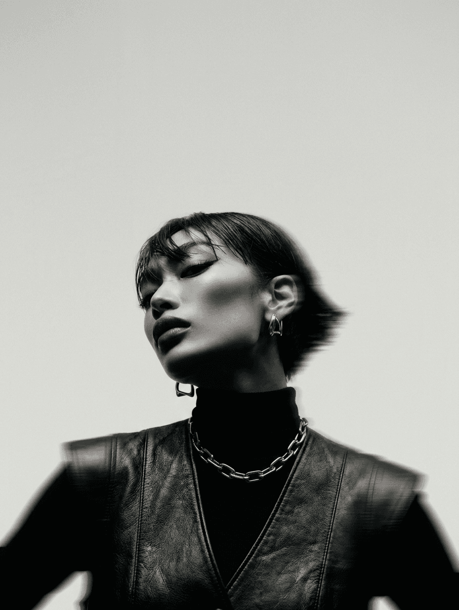 Black-and-white image of a woman in a leather outfit with motion-blurred hair.