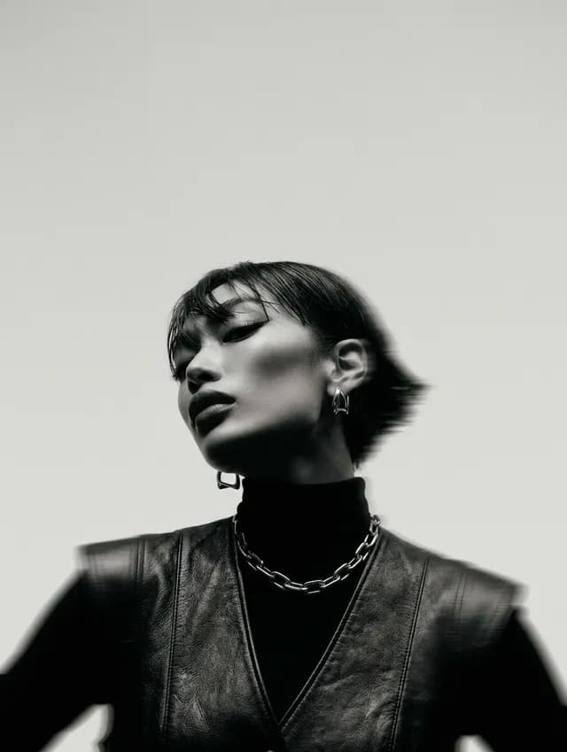 Black-and-white image of a woman in a leather outfit with motion-blurred hair.