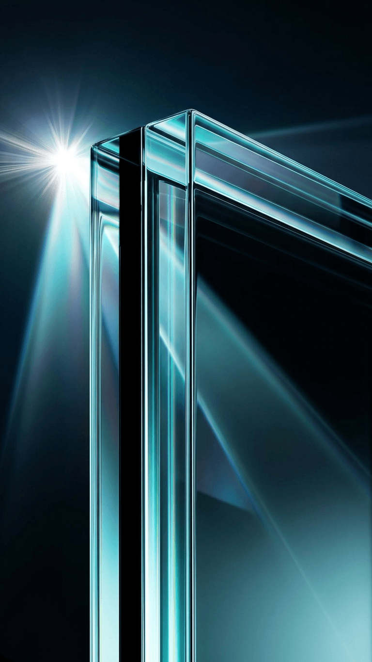 Digital artwork featuring glass-like structures illuminated by light.