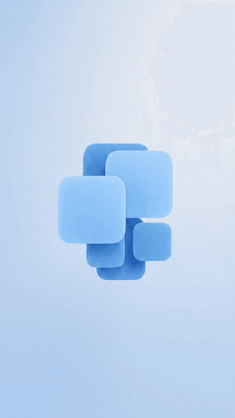 Minimalist illustration of overlapping soft blue squares on a light background.