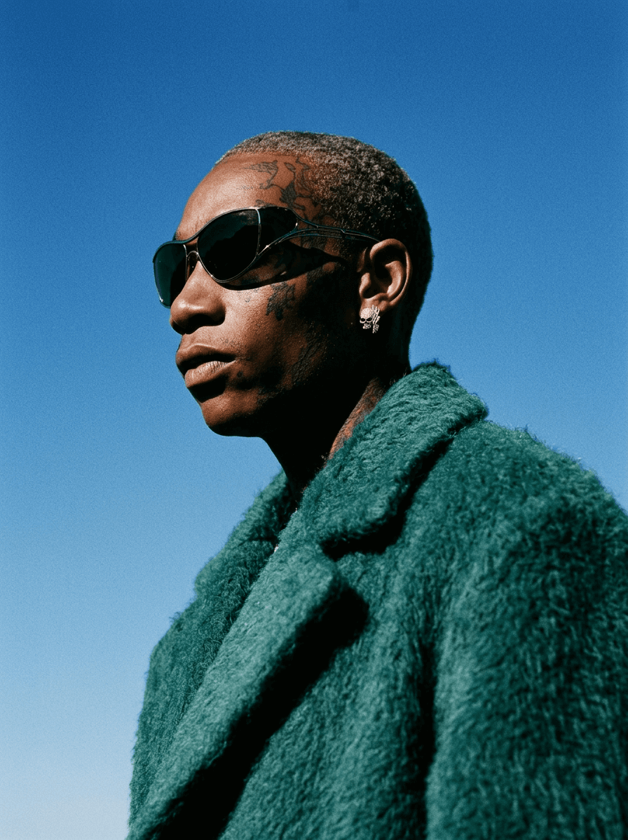 A man wearing a fuzzy green coat and sunglasses stands against a bright blue sky.