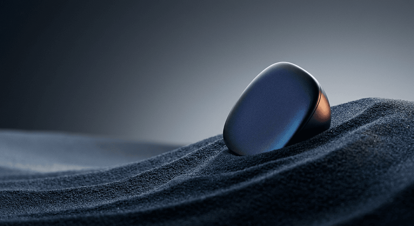A metallic object resting on dark sand with a textured surface.