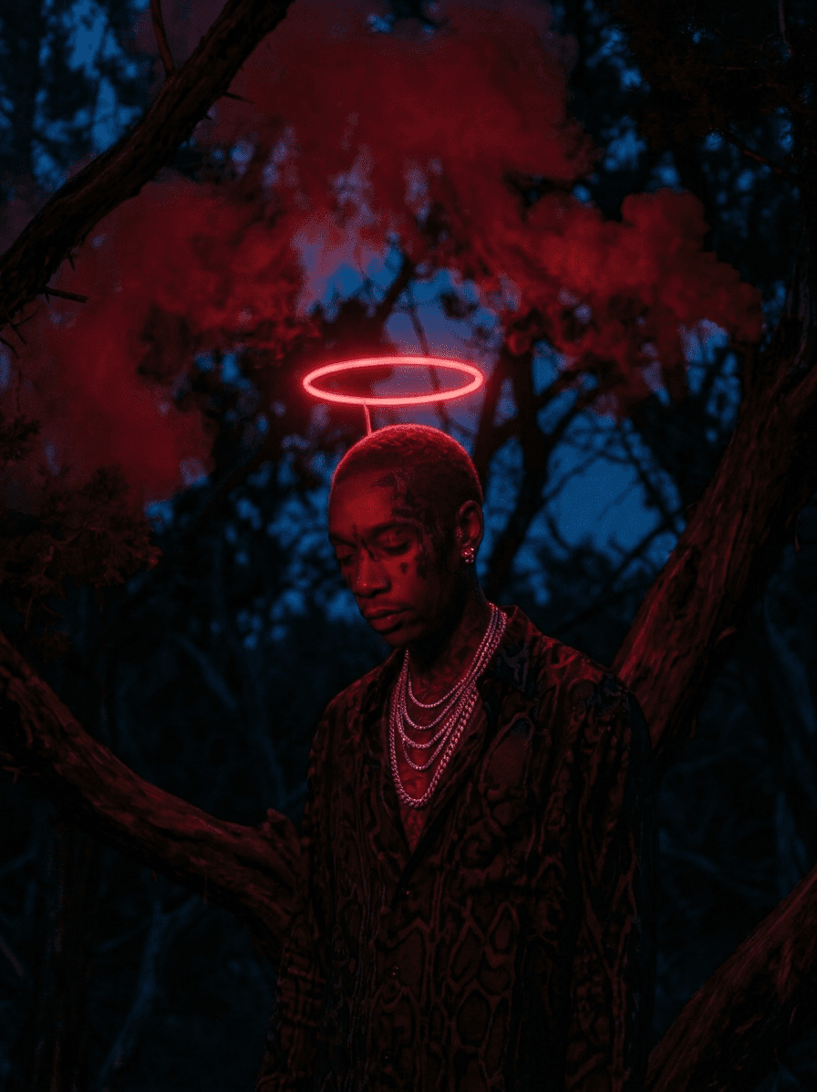 Portrait of a man in dark foliage with a red neon halo.