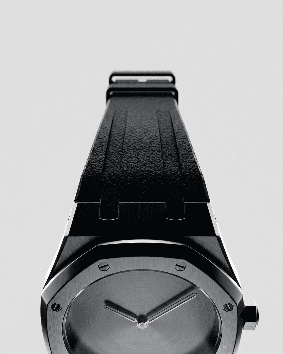 A modern watch with an angular design and a black strap.