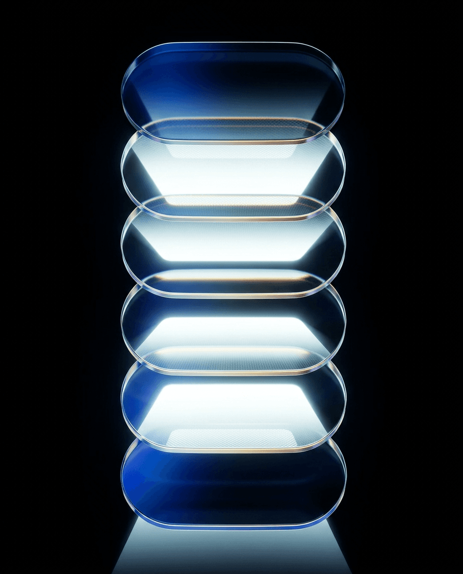 Stack of translucent oval shapes glowing from within on a black background.