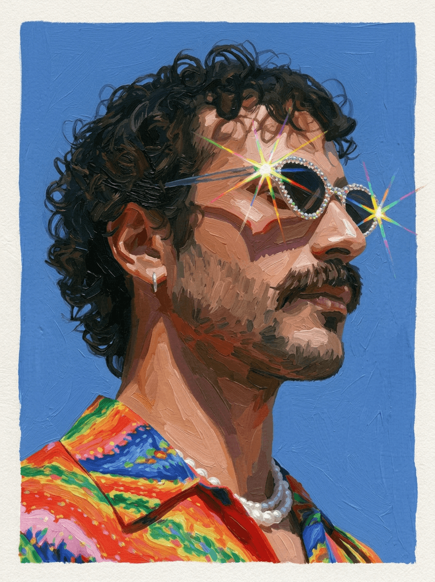 Digital illustration of a man with curly hair and sunglasses, set against a blue sky.