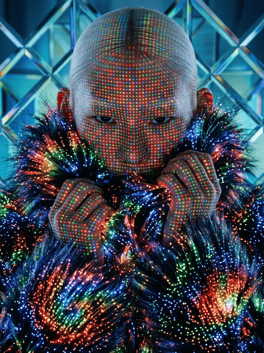 Digital illustration of a figure in a colourful fur coat with light patterns on their skin.