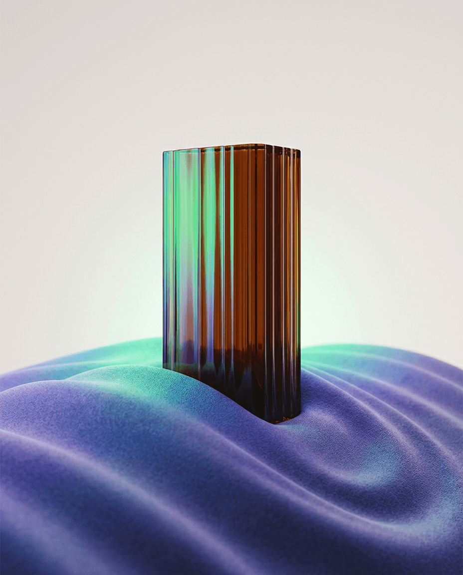 Amber glass object with vertical lines on purple fabric.