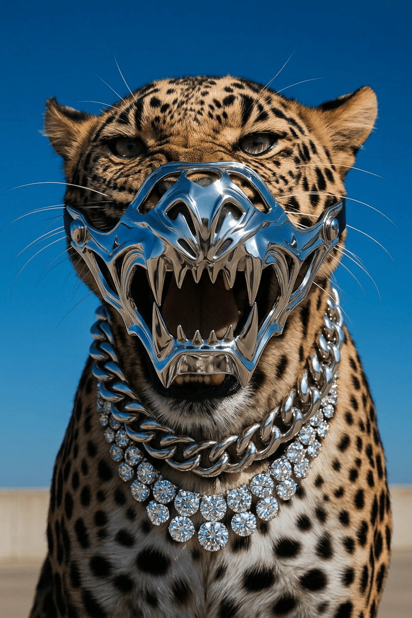 Illustration of a leopard with a metallic muzzle and jewellery against a blue sky.