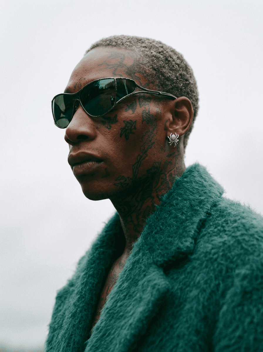 Close-up of a man with tattoos, dark sunglasses, and a fuzzy teal coat.