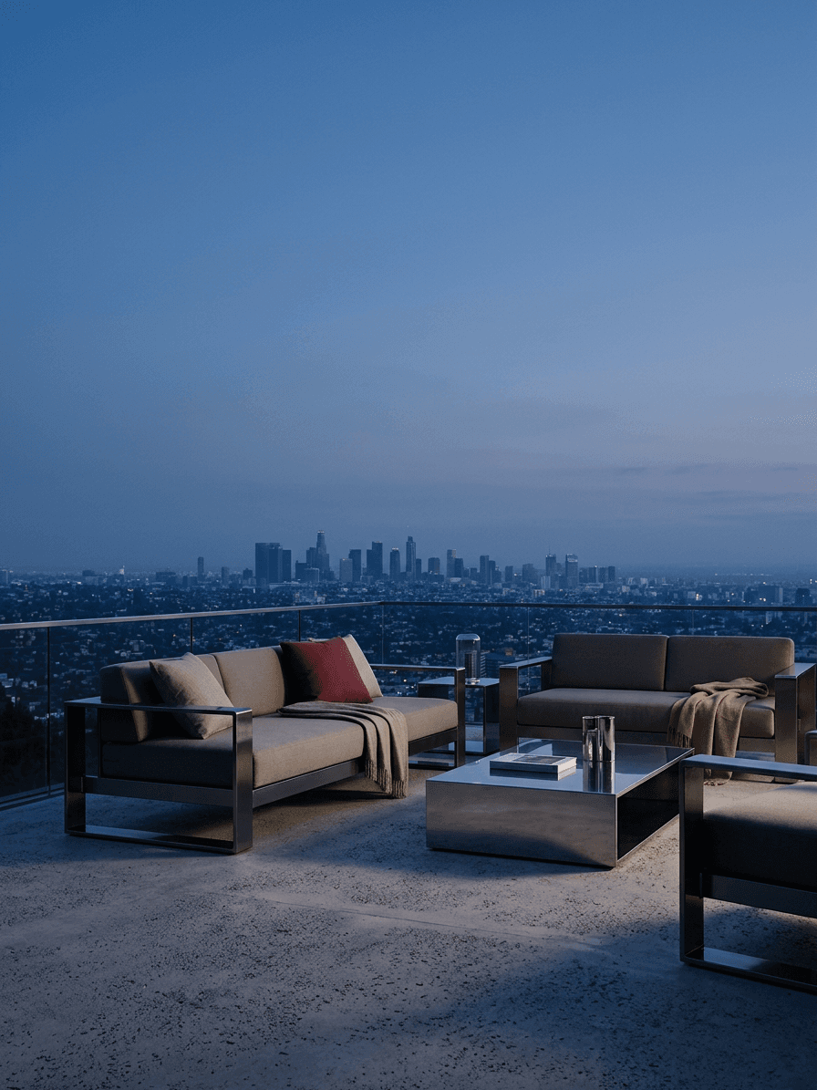 Twilight scene with modern outdoor furniture on a terrace and a city skyline.