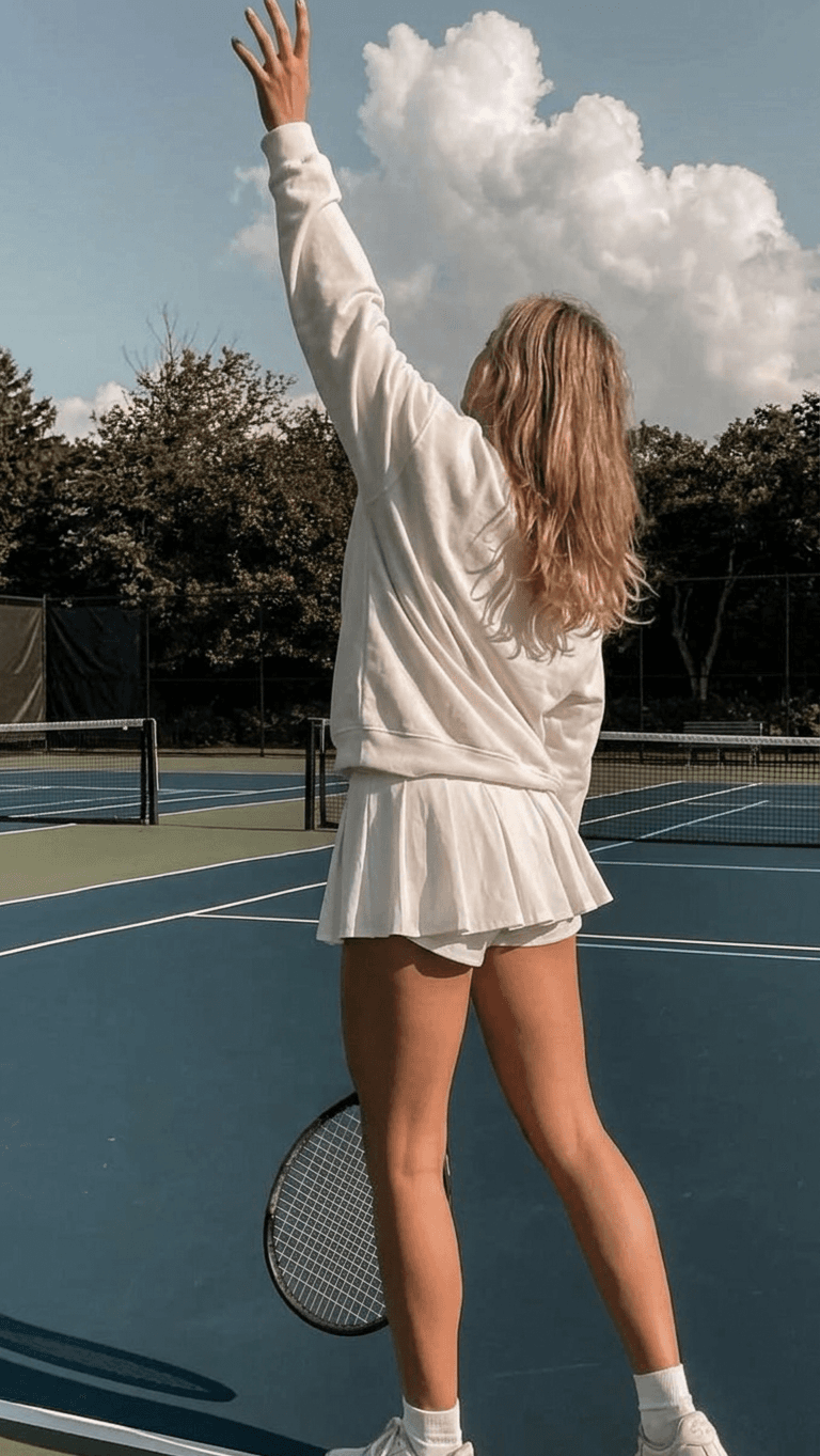 Young woman in white athletic outfit stands on a tennis court.