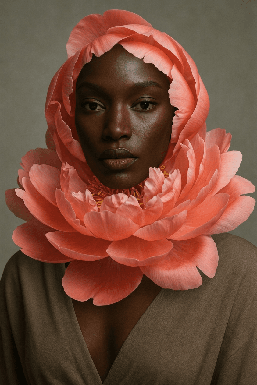 Woman with a large peach flower headdress and a subdued background.