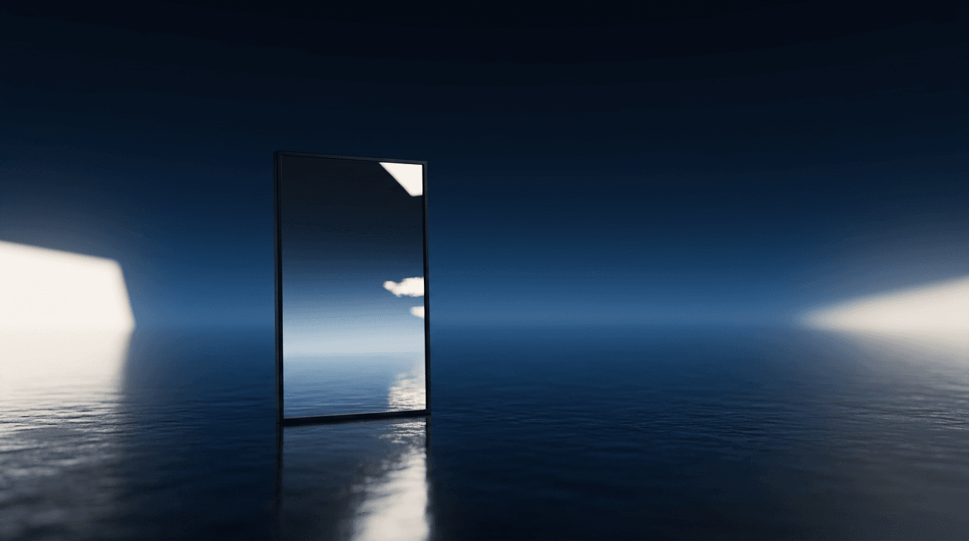 A reflective mirror surrounded by smooth water in a calm, blue-toned setting.