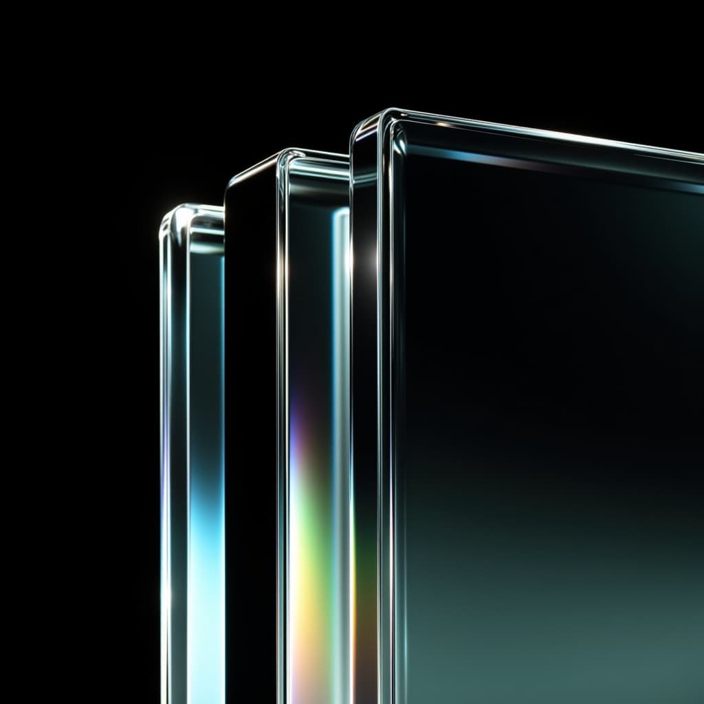 Reflective glass panels arranged against a black backdrop.