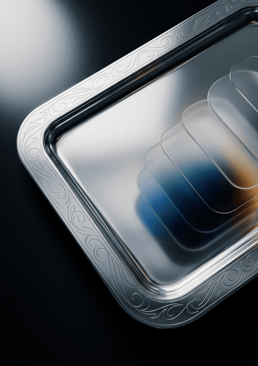 Metallic tray with engraved border in silver and deep blue gradients.