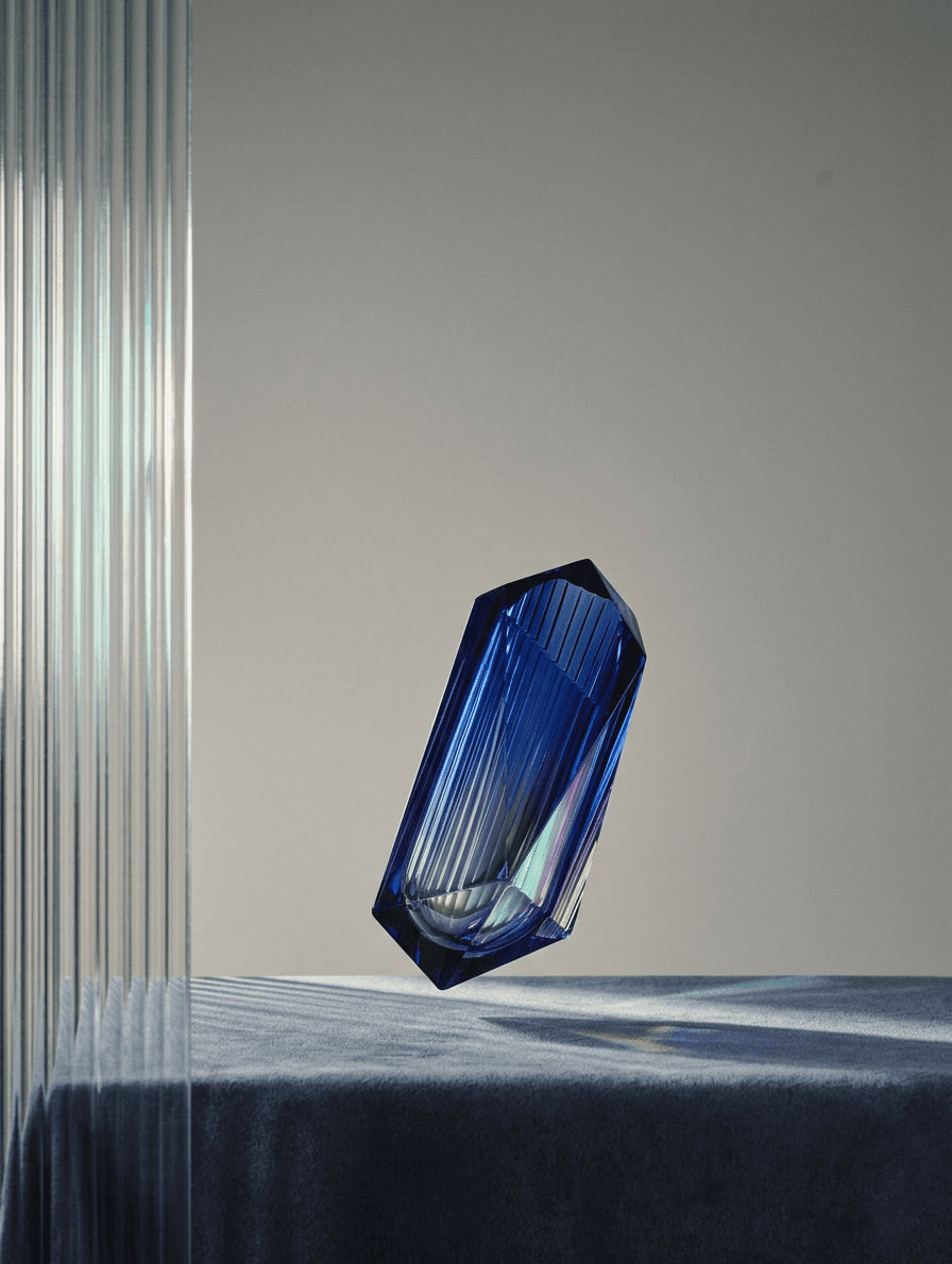 A blue glass sculpture hovering above a textured surface with soft lighting.