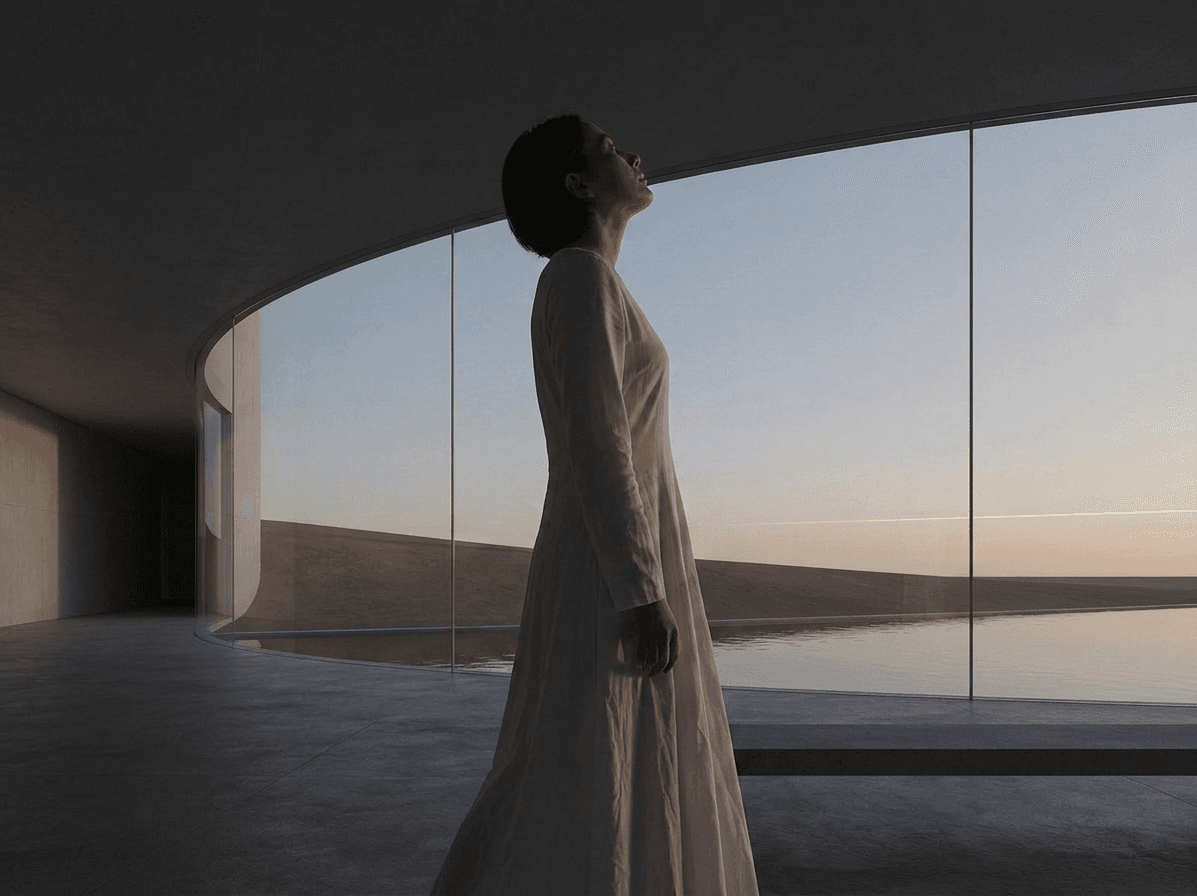 A woman looking upwards in a modern architectural setting with soft lighting.